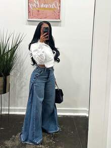 Womens Loose Wide Leg Flare Jeans Side Wide Design High Waist Comfort Denim Pants  Casual Fashion Vintage Style Plus Size Stretchy Soft Material Classic Blue Black Washed Distressed Lightweight Breathable Skinny Bootcut Retro Chic Streetwear Everyday Wear Staple Wardrobe Essential Must Have Popular Best Seller Top Rated (Non-Stretch ) - Blue - View 5