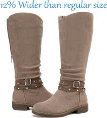 Women's Wide Calf Knee High Boots, Plus Size Slouchy Knee-High Boots, Fashionable Boots - 米色1030 - 查看 11