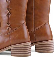 Women's Knee High Chunky Block Heel Square Toe Low Heel Boots, Style - Lace Saddle - View 5