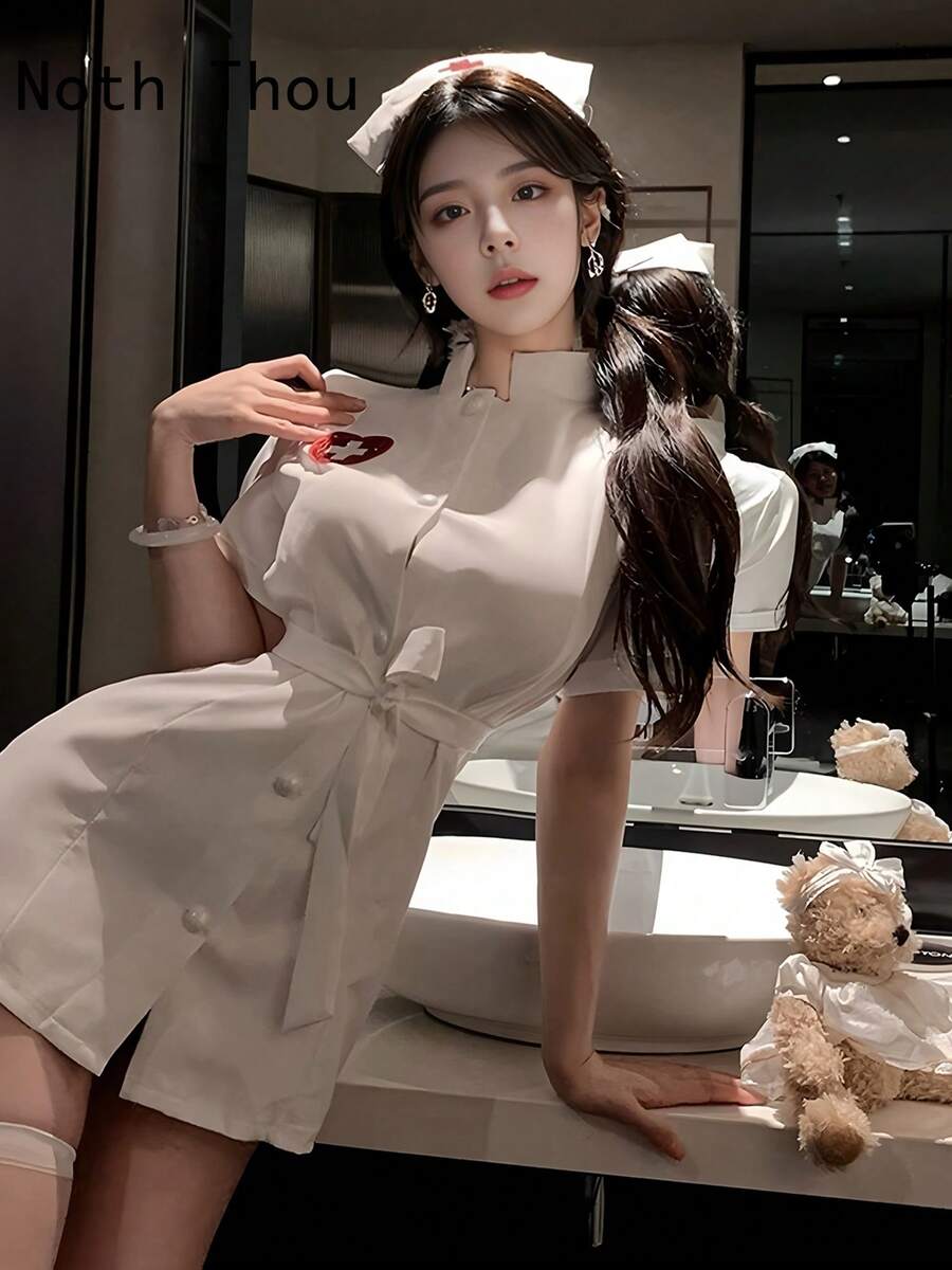 Sexy Nurse Uniform Cosplay Doctor Nurse High Collar Button Front Sequin Heart T-Shirt Dress Hairpin Cute Cosplay Women's Party - White - View 1