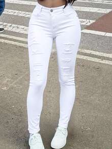 Jeans pantalon mezclilla jeans dama mujer femenino moderno juvenil casual dia noche moderno juvenil sexy trabajo tiro alto cintura alta oficina trabajo entubado skinny ajustado roturas desgastado destruido roto surprise jeans - Blanco - Ver 4