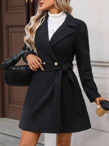 Áo khoác dáng dài cổ điển hai hàng cúc có thắt lưng dành cho nữ mùa thu đông, áo khoác dáng dài cổ ve áo choàng, áo khoác dáng dài một hàng cúc có thắt lưng. - màu đen - Xem 3