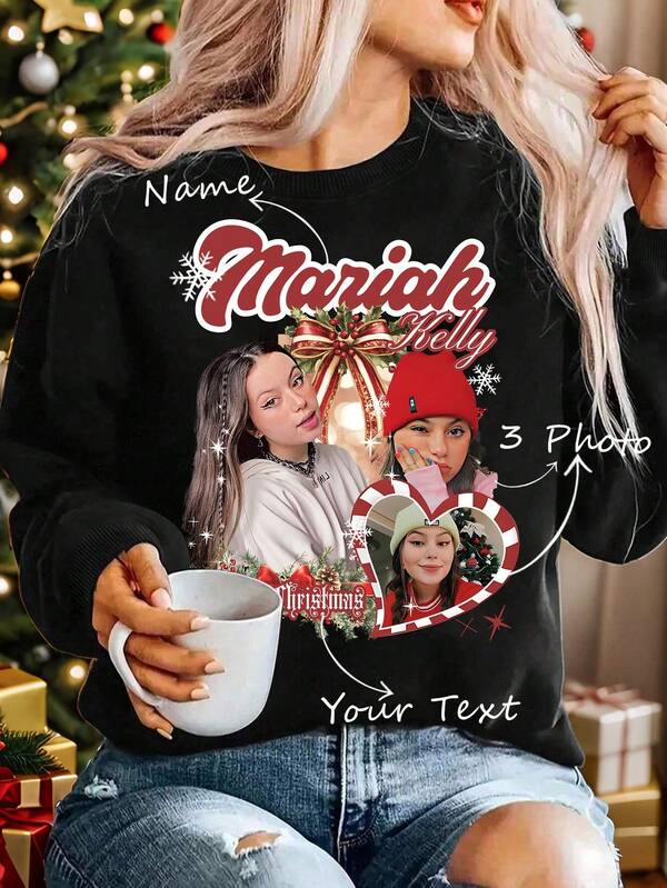 Personalisierter Damen Weihnachten Lässig Komfort Loose Crew Neck Sweatshirt, Fügen Sie Ihren eigenen Text und Foto hinzu, Erstellen Sie Ihren eigenen Bootleg Rap Grafik Ehefrau Ehemann Sweatshirt, Valentinstag Geschenk (Selfie/Familienfoto/Freundfoto/Party/Team/Freund/Freundin/Paar Matching/Arbeitskleidung) Personalisierter Sweatshirt Herbst Kleidung, Winterkleidung, Geschenke für beste Freunde, Jahrestags Geschenke, Party Kleidung, Geburtstags Geschenk, Halloween, Weihnachtsgeschenk