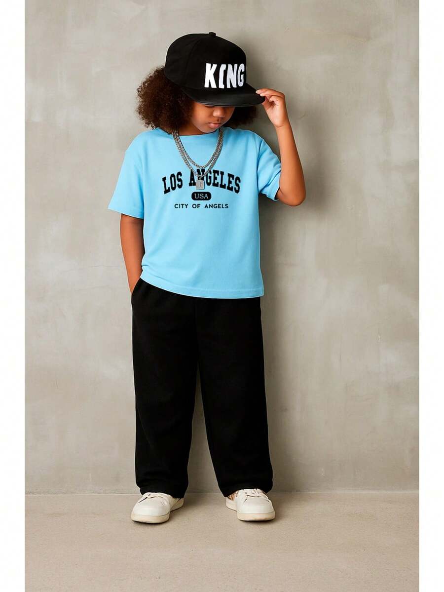 2 Piece Men's Set Straight Pants And Kids City Of Angels Casual T-Shirt - Baby Blue - View 1