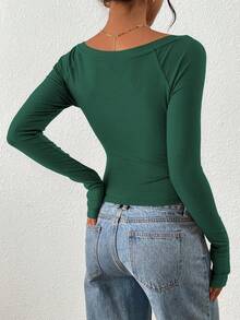 Women's Fall Long-Sleeve Shirt With Side Pleats Basic Boat Neck T-Shirt Casual Slim-Fit Ribbed Knit Cropped Top - Màu xanh lá cây đậm - Xem 3