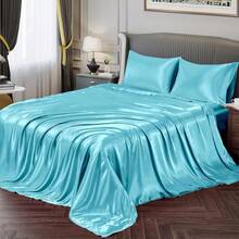 Silky Soft Pink Twin XL Satin Bed Sheets Set, 1 Deep Pocket Fitted Sheet + 1 Flat Sheet + 1 Pillowcase,  In 2025 - 天藍色 - 查看 1