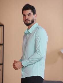 Men's Long Sleeve Dress Shirt, Plain With Elastane, Body Fabric, 90% Polyester, 10% Non-Greasy, Easy To Iron - 薄荷綠 - 查看 4