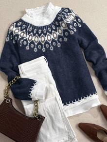 Women's Fall And Winter Casual Loose Fair Isle Pattern Hundred Round Neck Long Sleeve Woolen Pullover,Fall Clothes For Women, Winter Clothes For Women,Fall Tops,Work/Office, Business Casual Woman - Navy Blue - View 4
