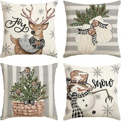 Artoid Fashion Schneemann- und Rentierhandschuhe, Rentier-Kissenbezüge, 4er-Set, 45 x 45 cm, dekorativer Winter-Kissenbezug für Sofa und Wohnzimmer