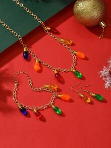3pcs/Set Christmas Celebration Necklace, Bracelet, Earrings Jewelry Set For Women, Fashion Bohemian Elegant Colorful Bulb Pendant Tassel Choker Necklace, Casual Daily & Holiday Gift Perfect Accessory