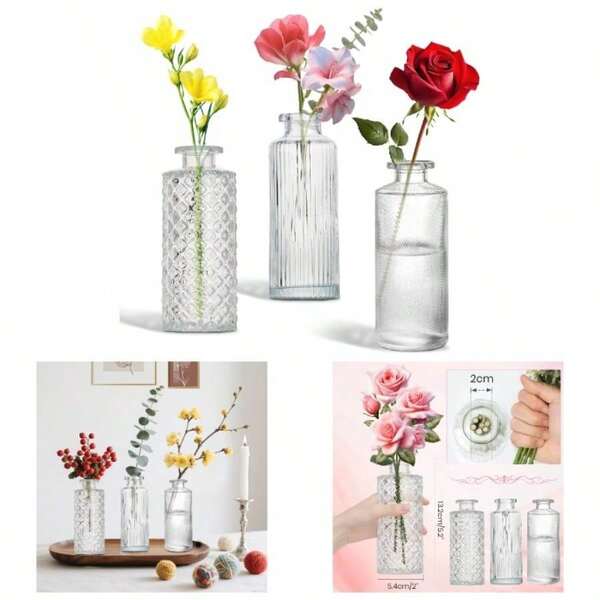 Juego de 3 Jarrones de Vidrio Transparentes para Centros de Mesa, Floreros Decorativos para Mesa con Diseo Clsico, Floreros de Cristal para Bodas, Salones, Oficinas, Decoraciones13 * 5cm