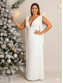 Long Pleated Dress V-Neckline Bridesmaid Dress For Wedding Graduation And Parties - White - View 1