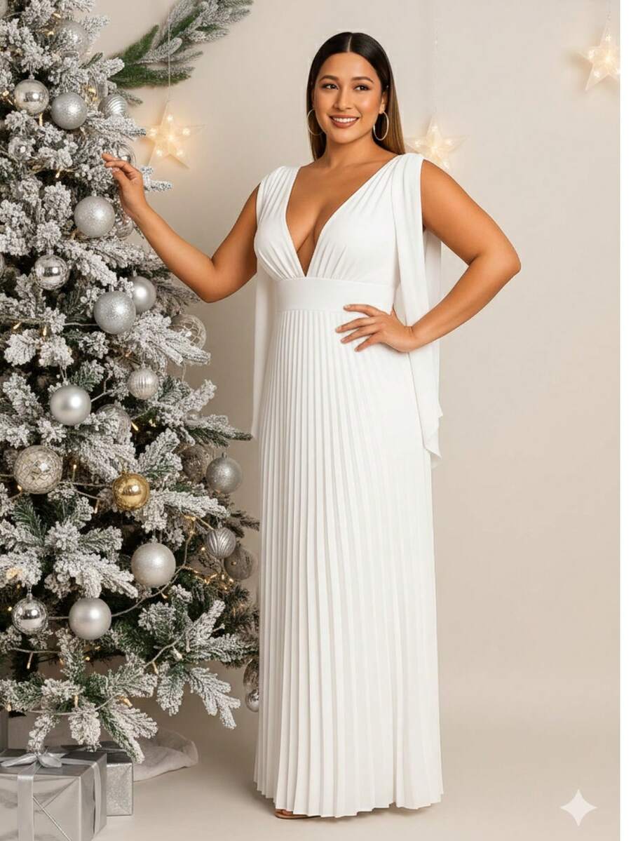 Long Pleated Dress V-Neckline Bridesmaid Dress For Wedding Graduation And Parties - White - View 1