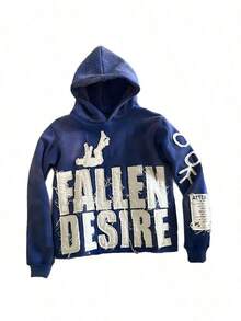 Y2K Hoodie For Man Pullover Sweatshirts"FALLEN DESIRE"Applique Embroidered Letter Graphic Hoodies - 寶藍色 - 查看 1