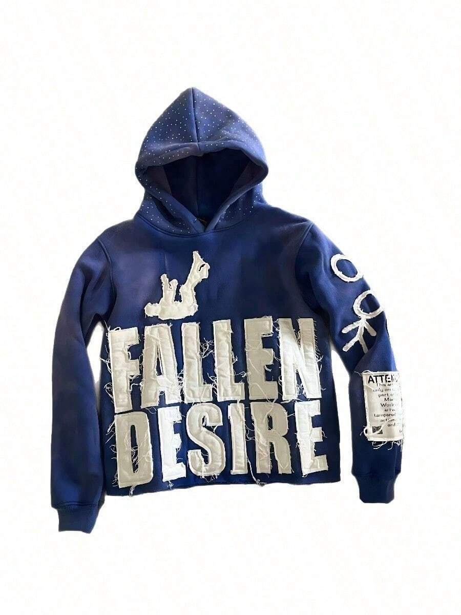 Y2K Hoodie For Man Pullover Sweatshirts"FALLEN DESIRE"Applique Embroidered Letter Graphic Hoodies - 寶藍色 - 查看 1