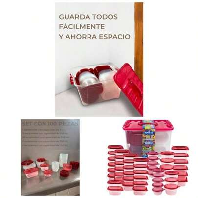 Kitchen Co Juego de Recipientes Hermticos, Piezas, Contenedores de Plstico con Tapas Rojas, Organizador de Alimentos