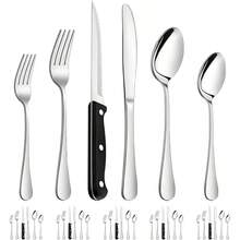 Cubiertos de Acero Inoxidable 36 Piezas, Juego de Cubiertos para 6 Personas, Incluye Cucharas Cuchillo Carne Tenedores, para Hogar Fiestas y Camping, Plata - Plateado - Ver 2