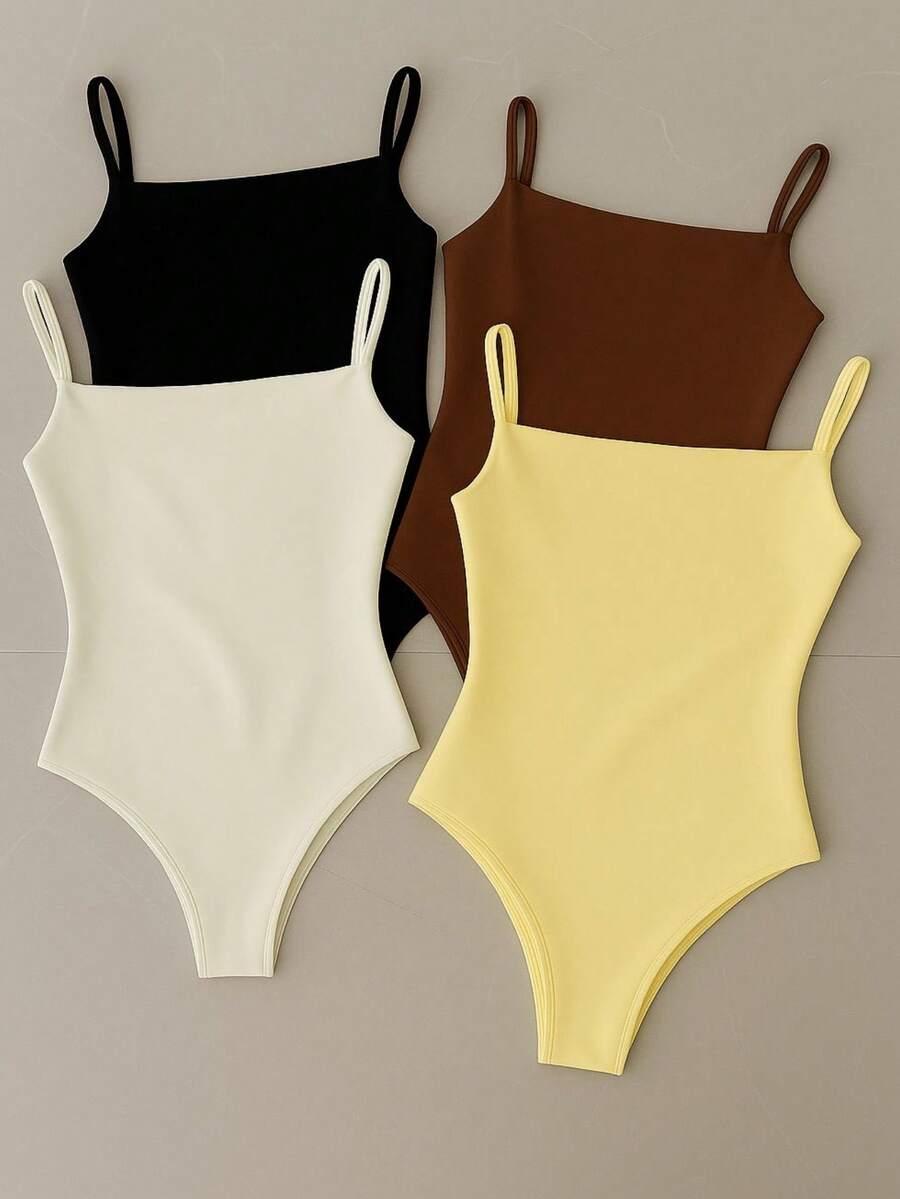 Kit With 4 Women's Leotard Bodysuit With Straps And Straight Neckline, Shaping, Elastic Fabric, Non-Transparency, Casual Fashion, Versatile, Basic, Gringa, Blogger - 黃色-LOBB-咖啡色-黑色-白色 - 查看 1