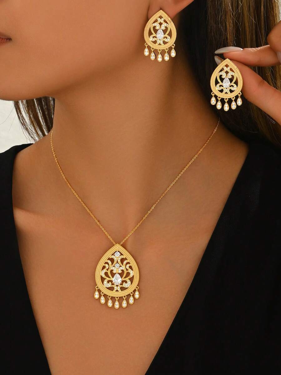 Set di 3 pezzi di gioielli vintage eleganti, composto da collana con pendente a goccia d'acqua e nappine, e orecchini abbinati, adatto per uso quotidiano, vacanze, feste, banchetti