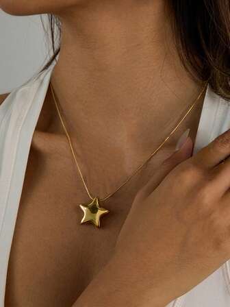 1 pieza Collar con colgante de estrella de acero inoxidable chapado en oro de 18K de alta protección, estilo casual Ins 2025, adecuado para uso diario de mujeres, versátil, resistente al agua, regalo del Día de San Valentín, EE. UU.