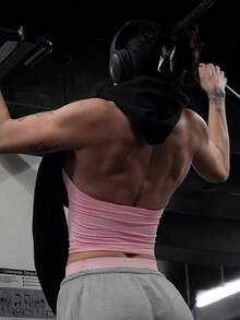 女士瑜伽运动文胸无袖露脐运动上衣，弹力健身运动背心，透气 - 粉色 - 查看 9