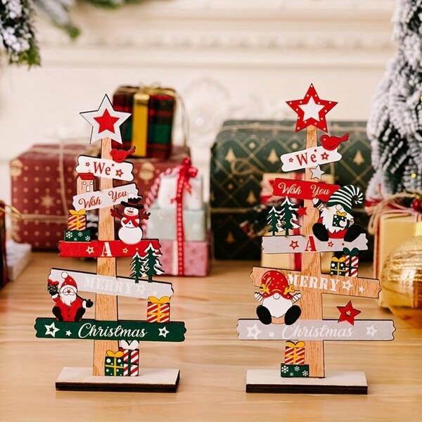 2pcs/Set 2D Flat Christmas Desktop Decor Set - Classic Wooden Santa Claus & Snowman Figurines With English Letter Signs