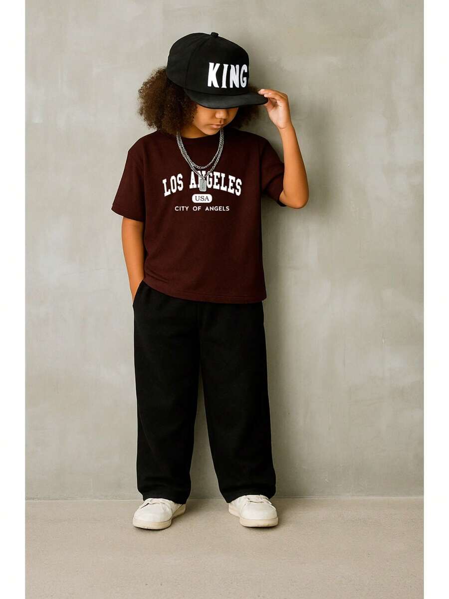 2 Piece Men's Set Straight Pants And Kids' City Of Angels Casual T-Shirt - 鏽棕色 - 查看 1