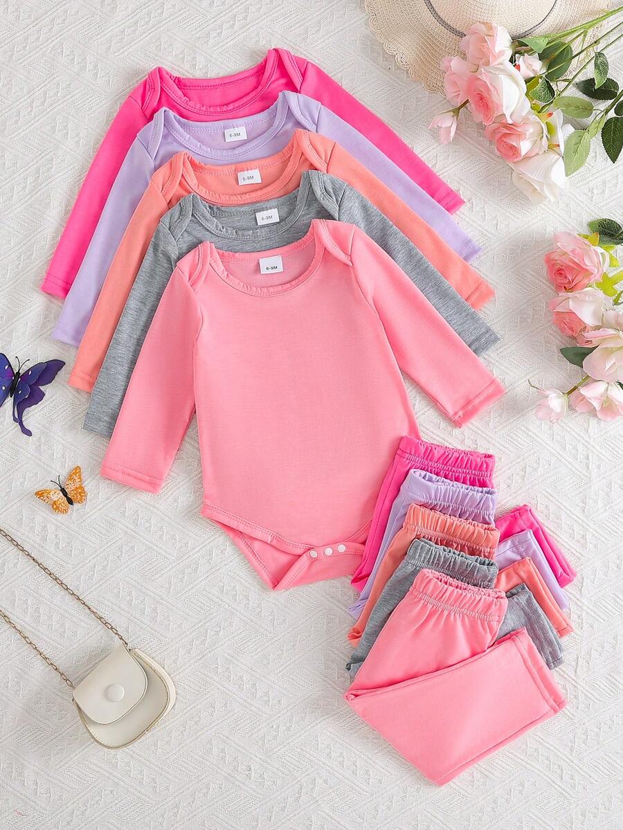 10pcs Baby Girl Solid Color Long Sleeve Bodysuit And Elastic Waist Long Pants Set, Comfortable Casual Outfit - Multicolor - View 1