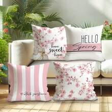 18x18 Inch Pink And White Floral Pillow Covers - Elegant Peach Blossom Floral Pattern Cushion Cases With Envelope Closure, Machine Washable Decorative Cushion Covers For Living Room, Sofa, Bedroom, Spring Party Decor - Hello Spring Home Decorations, Decorative Pillow Covers, Modern Stripe Pattern, Single-Sided Print, Bedroom Accents, Durable Fabric, Interior Designers - 樣式 3 - 查看 3