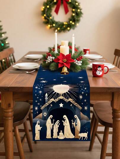 1 pieza Tapete de mesa de poliéster con tema de escena de la natividad de Navidad en azul oscuro, bandera de mesa decorativa festiva con impresiones del nacimiento de Jesús, cielo estrellado y establo para suministros de fiesta de Navidad