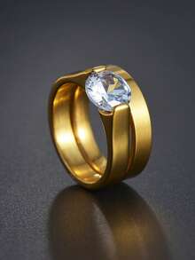 1pair Luxury Round Rhinestone Stainless Steel Rings, Fashion Personalized Ring Set For Women, Suitable For Valentine's Day, Wedding, Party, Birthday Gift, Daily Wear