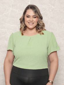 ONLYONE - PLUS SIZE WOMEN'S BLOUSE, SHORT SLEEVE PRINCESS, PLEATES ON THE NECKLINE, LIGHT DUNES - ELEGANT WOMEN'S BLOUSES, LARGE - 橄欖綠 - 查看 1