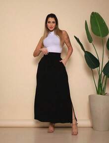 Women's Long Viscolinho Skirt With Pockets And Side Slit, Evangelical Fashion, Lined, Casual Fashion, High Waist - 黑色 - 查看 3