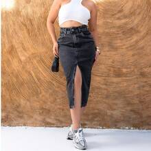 Simple Casual Elegant Midi Skirt With Zipper Pocket Holiday - Grey - View 3