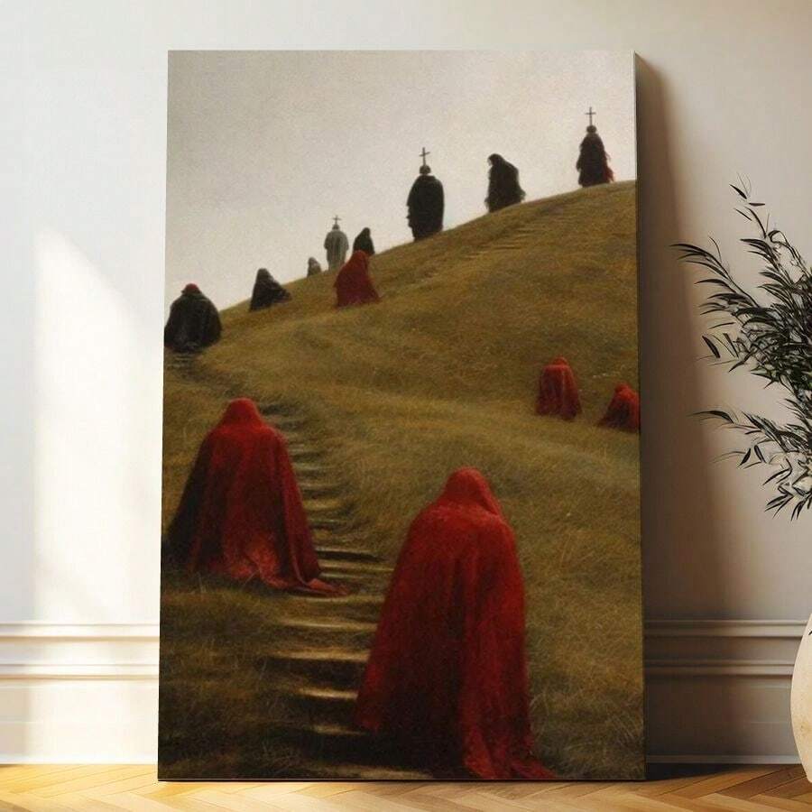 2D Flat, Posters & Prints 1pc Procession Of Red Cloaks Framed Wall Art - Canvas Prints Poster, Ideal For Home, Office Wall Decor, Family Gift, Living Room Bedroom Wall Decor - 彩色 - 查看 1