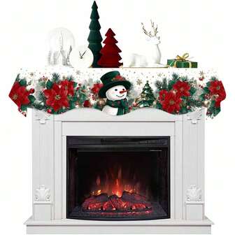 1pc Poinsettia Flower Pattern Fireplace Scarf, Christmas Botanical Printed, Perfect To Decorate Home, Living Room, Dining Room, Kitchen, Hotel, Coffee Shop, Staircase, Holiday Festive Use, Winter Season.