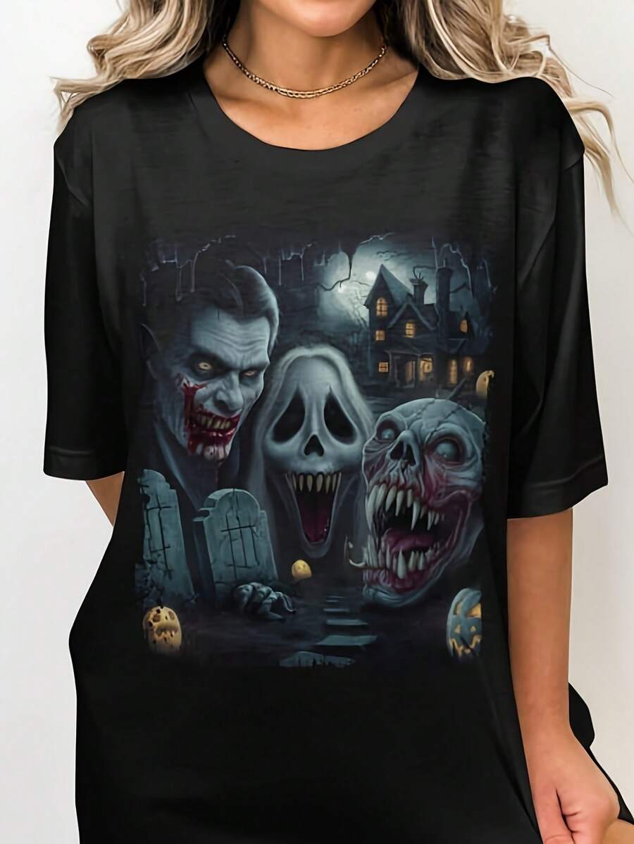 CamisetadeterrordeHalloweenespeluznante,Diseñodecaaterrado,Casaembrujespeluznante,Asaterradores,Ropadeterrorgótico.Women's Solid-Colored Boat Neck Short-Sleeve One-Piece Shirt, Suitable For Summer Wear, Paired With Printed Shirts, Ladies' Tops, And Printed Short-Sleeve Shirts. Women's Clothing - Black 8 - View 1