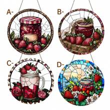 Strawberry Jam Sun Catcher - Bohemian Style Painted Glass Window Hanging Decor With Strawberry Jam Jar And Fresh Strawberries - Round Acrylic Kitchen, Living Room, Bedroom Decoration - Valentine's Day Sweet Decor - Vintage Style, Vibrant Colors, Durable Acrylic Material, Kitchen Decor, Handmade Appearance, Home Decor - Acrylic-round - View 1