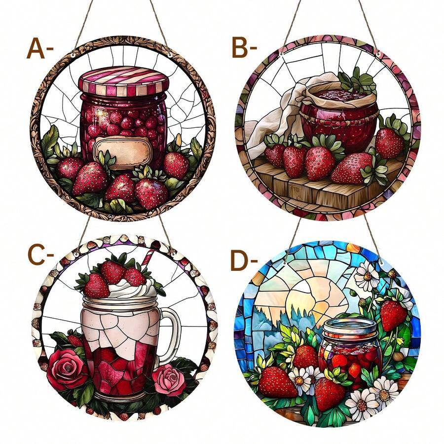 Strawberry Jam Sun Catcher - Bohemian Style Painted Glass Window Hanging Decor With Strawberry Jam Jar And Fresh Strawberries - Round Acrylic Kitchen, Living Room, Bedroom Decoration - Valentine's Day Sweet Decor - Vintage Style, Vibrant Colors, Durable Acrylic Material, Kitchen Decor, Handmade Appearance, Home Decor - Acrylic-round - View 1