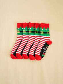5 Pairs Christmas Elf Pattern Mid-Calf Socks, Comfortable & Soft, Unisex Design, Great Christmas Gift For Family And Friends - Multicolor - View 4