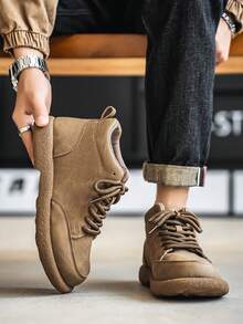Men's Winter Brown Retro British Style Boots, Birkenstocks Mid-Top Casual Shoes, High-End Business Fashion Brand Versatile Large Size Leather Shoes, Lightweight Comfortable Work Boots Patchwork Ankle Boots - Brown - View 2