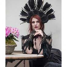 L'VOW 2Pcs Gothic Black Lace Feather Long Gloves For Women Halloween Witch Costume Swan Wristband Cuff{"Color_name":"B-Black"} - B-黑色 - 查看 4