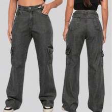 Calça Cargo Grafite  Feminina Cintura Alta  Simples    Casual  elegante  Festa    Bolso  Botão  Zíper    Escola  Diário