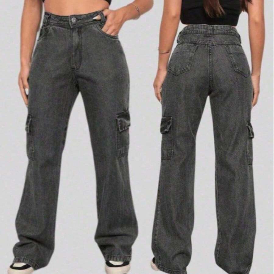 Calça Cargo Grafite  Feminina Cintura Alta  Simples    Casual  elegante  Festa    Bolso  Botão  Zíper    Escola  Diário