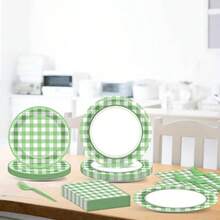 Set Vajilla Elegante para Fiestas de Cumpleaos con Diseo de Cuadros Azul Claro y Blanco - 20 Platos 9 20 Platos 20 Vasos de Papel, 20 Servilletas Verde - verde - Ver 6