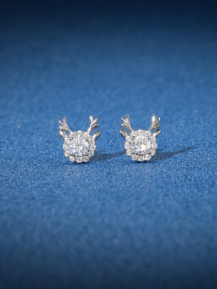 1pair 925 Sterling Silver Fashionable Cubic Zirconia Deer Stud Earring For Women Glitter Cartoon Decor Girl Earrings Daily Wear Christmas Party - Deer - View 1