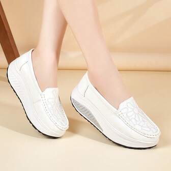 Damskor med tjock sula och kilklack, moderiktiga, mångsidiga, lätta, halkfria, mjuka och bekväma vardagsskor, vår/höst