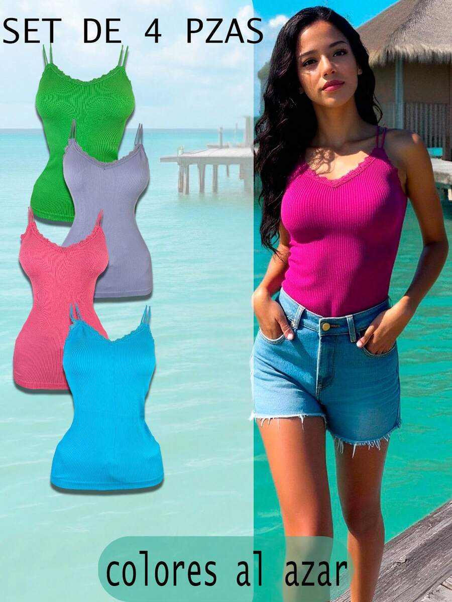 Kit de 4 camisetas de tirantes finos para mujer, multicolor, clásicas y casuales, tela de nailon y elastano, aptas para temporadas de primavera y verano. Textura acanalada. Diseño ajustado, muy cómodo y ligero. Cuello en "V" y espalda descubierta. Pequeño y delicado encaje sobre el busto. Te llegarán 4 camisetas de tirantes en colores al azar. - Multicolor - Ver 1