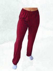 01 Pair Of Red Plaid Sleep Pants, Semi-Translucent, Thin Polyester - Red - View 4