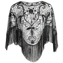 1920s Shawl Wraps Sequin Beaded Evening Cape For Gatsby Party Bridal Shawl Women Evening Cape Flapper Cover Up{"Color_name":"AllBlack"} - 全黑 - 查看 1